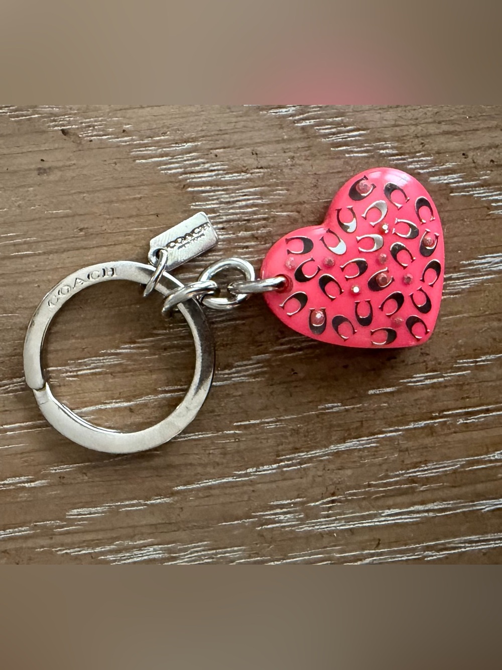 COACH rare heart keychain pink and silver